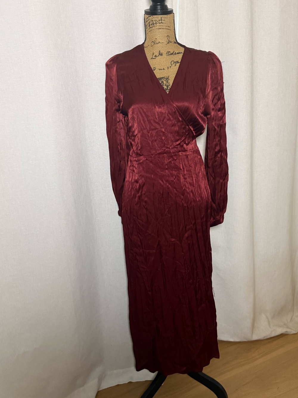Emerson Fry Wine Red Long-Sleeve Wrap Midi Dress